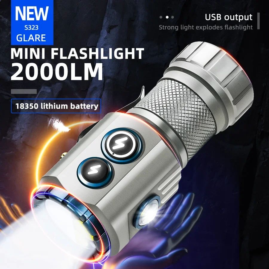 Mini EDC Flashlight 2000LM 18350 Battery USB Rechargeable LED Flashlight with Tail Magnet RGB Side Lamp Camping Emergency Lamp