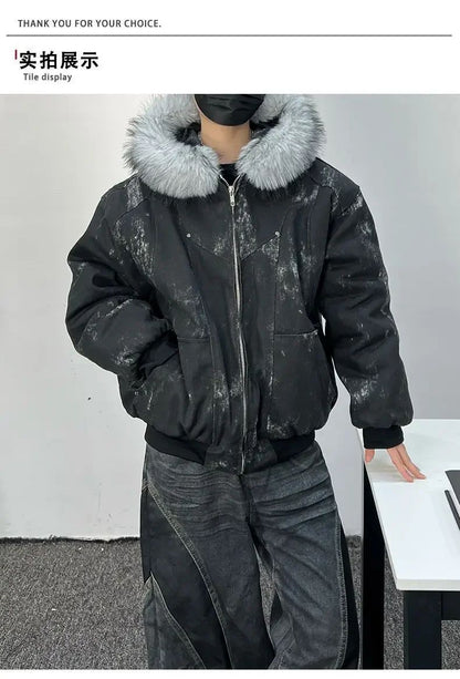 Cotton jacket with fur collar eagle embroidered and tie-dyeed winter men's design outdoor jacket thick and comfortable