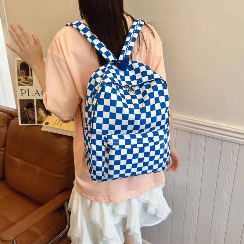 Checkerboard Laptop Backpack for Women - Fashion Print Crossbody Set Multi Pocket Adjustable Straps Campus Commute Essentials