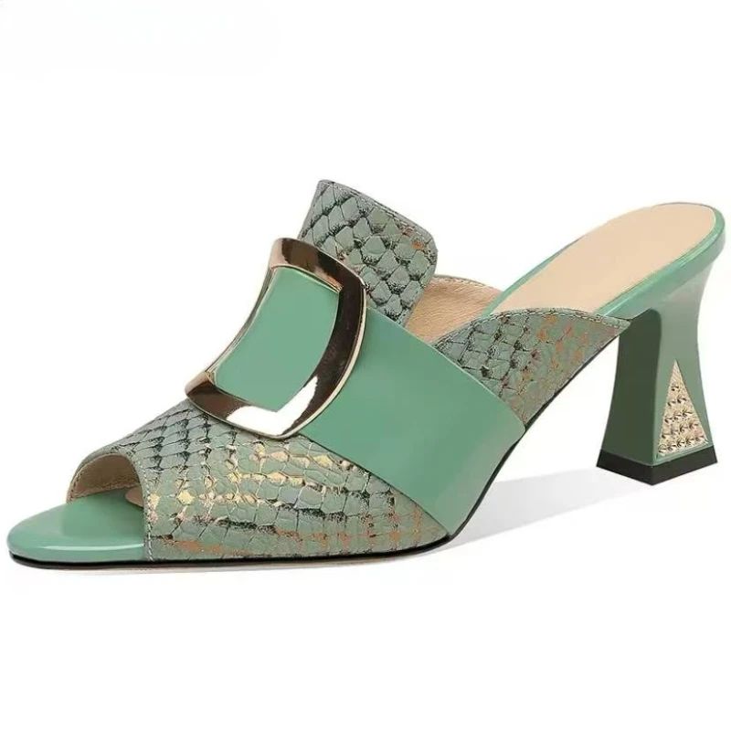 Elegant Woman Heeled Shoes Luxury Designer Sandals Summer 2025 New Comfortable Middle Heel Slippers Fashion Fish Mouth Casual PU