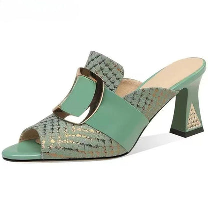 Elegant Woman Heeled Shoes Luxury Designer Sandals Summer 2025 New Comfortable Middle Heel Slippers Fashion Fish Mouth Casual PU