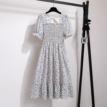 Summer Pleated Women Chiffon Dresses Casual Beach Holiday Short Sleeve Square Co
