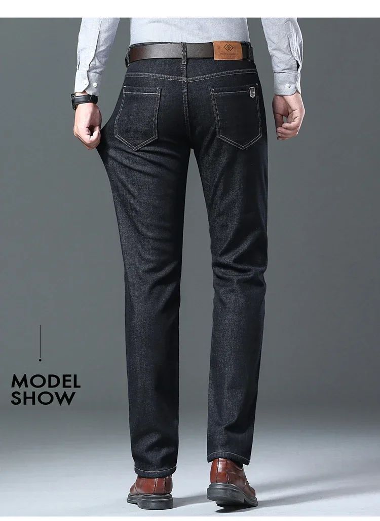 Calça Jeans Masculina de Inverno Forrada de Lã Grossa Sherpa Casual de Negócios Veludo Reta Masculina de Lã Pelúcia Clássica Elástica