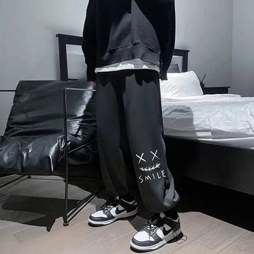 Plus Size M-8XL Men Pants Oversized Sports Pant Fashion Trend Cartoon Smiling Face Printed Long Pants Loose Casual Sweatpants