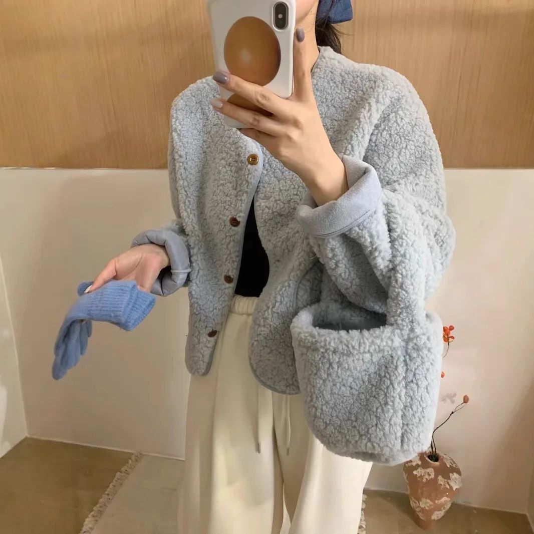 Korean Chic round Neck Single Button Loose Lamb Fur Jacket Winter Elegant Fashion Small Size with Bag Matching Women's Coat