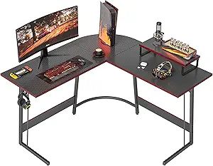 Large Corner Gaming Desk with Carbon Fiber Surface and Monitor Stand for Home Office