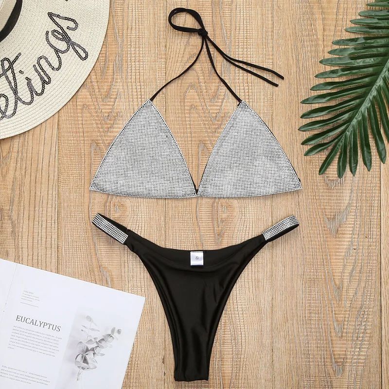 Halter Jewelled Sequins Diamond Bikini Women Swimsuit Female Swimwear Two Pieces Bikini Set Mini Micro Bathing Suit Swim Lady