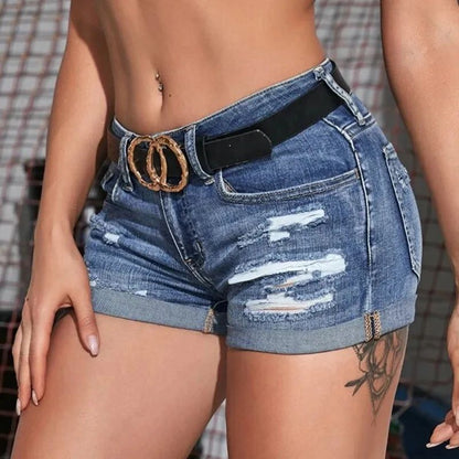 Women's Split Denim Shorts Summer Beach Wild Fashion Sexy Mid Waist Curled Cuff Perforated Elastic Slim Fit Casual Shorts