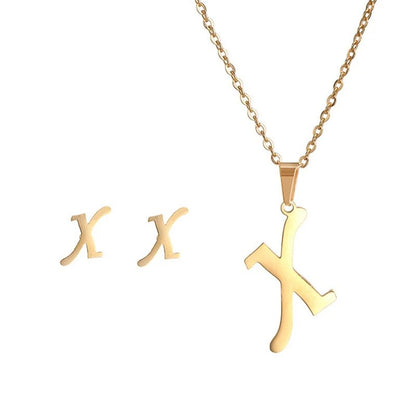 Conjunto Feminino de Colar e Brincos de Aço Inoxidável com Letra Inicial do Alfabeto A-Z - Joias Personalizadas de 26 Letras Inglesas - Presente