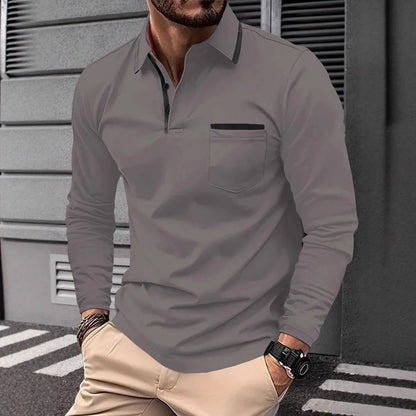 Autumn men's casual long sleeved polo shirt with pockets, fashionable street trend, regular solid color elastic breathable