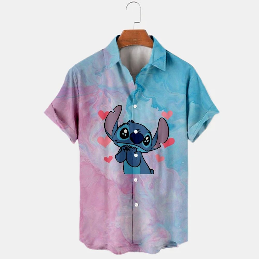 2023 Summer New Men's Casual Trend Fashion Cartoon Mickey Mouse Goofy Needle Harajuku Summer Top Men's Lapel Short Sleeve Shirt