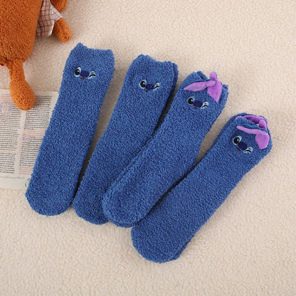 Disney Stitch Fluffy Sock Anime Winter Warm Thickened Coral Fleece Socks Soft Comfortable Sleeping Embroidery Anti-slip Socks