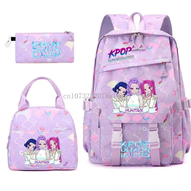 3pçs Mochilas K-pop Demon Hunters Desenho Animado Anime Escolar com Lancheira Mochilas Infantis Impermeáveis Presentes para Aluno