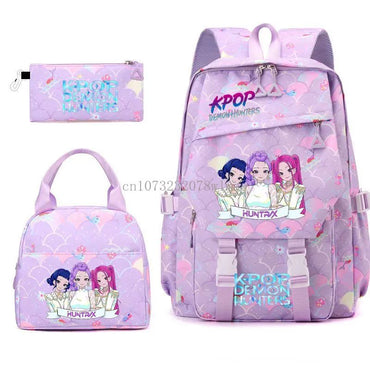 3pçs Mochilas K-pop Demon Hunters Desenho Animado Anime Escolar com Lancheira Mochilas Infantis Impermeáveis Presentes para Aluno