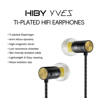 Fone de ouvido HiFi HiBy Yves 6mm Micro-dinâmico banhado a titânio, Driver de alta magneticidade, Câmara de baixa ressonância, Isolamento de ruído, Amigável à pele