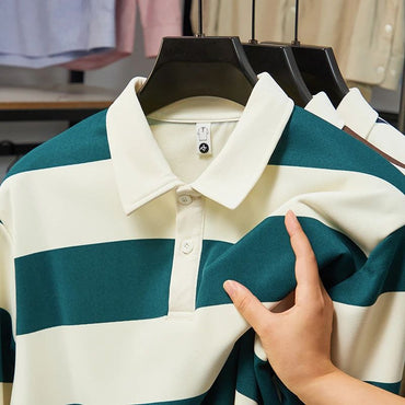 2025 Men's New Striped Long Sleeved Polo Shirt Casual Fashion Autumn Winter Versatile Top