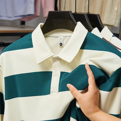 2025 Men's New Striped Long Sleeved Polo Shirt Casual Fashion Autumn Winter Versatile Top
