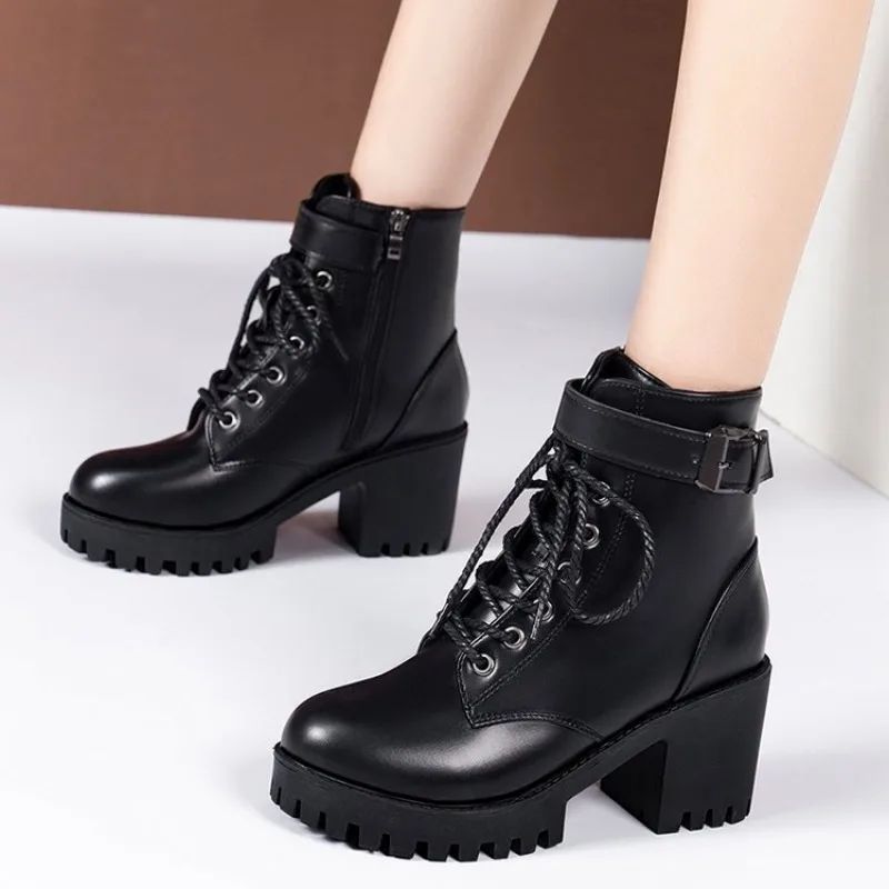 2024 Women Winter Leather Women Winter Boots Thick Wool Warm High-heeled Genuine Boot High-quality Female Snow Boots Women Shoes