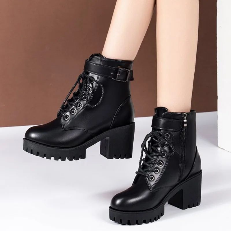 2024 Women Winter Leather Women Winter Boots Thick Wool Warm High-heeled Genuine Boot High-quality Female Snow Boots Women Shoes