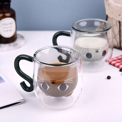 Copo de Vidro de Parede Dupla Gato Criativo 250ml com Alça Copo de Café Fofo Caneca Resistente ao Calor Utensílio de Cozinha para Escritório
