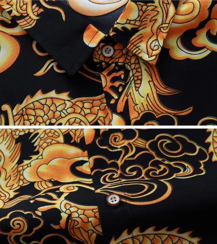 Thin Black Men's Long-sleeved Printed Shirt, Chinese Dragon Print Decoration, Blue Single-breasted Lapel Shirts,Asian Size M-7XL