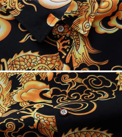 Thin Black Men's Long-sleeved Printed Shirt, Chinese Dragon Print Decoration, Blue Single-breasted Lapel Shirts,Asian Size M-7XL