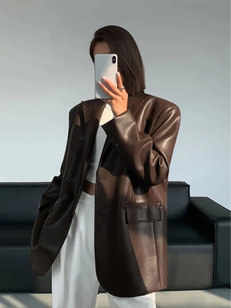 2025Brown /black soft PU leather  women jacket motorcycle long sleeve single breasted casual coat top for autumn high Streetwear