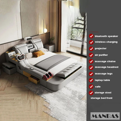 Linlamlim Ultimate Multifunctional Bedframe - Tech Smart Bed with Genuine Leather, Massage, Speaker, Projector, Air Purifier