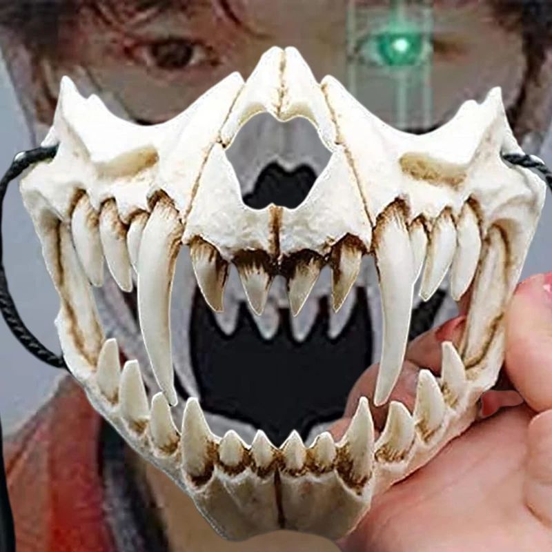 Party Skull Mask Long Teeth Demon Skeleton Half Face Mask Wolf Dragon Tiger Houjuu Nue Mask Cosplay Halloween Costume Props