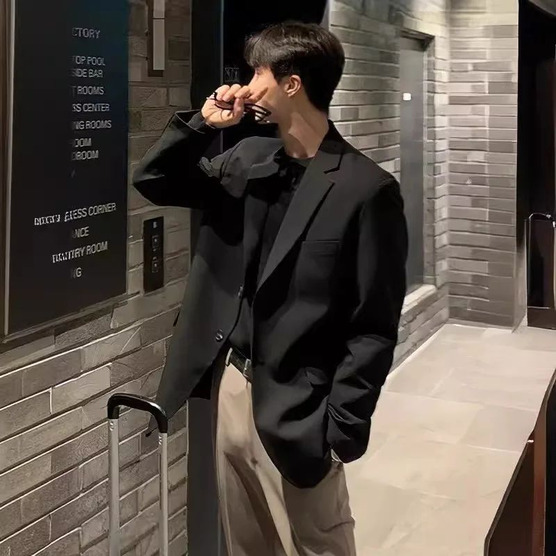 Korean Men's Casual Blazer Western-style Loose-fit Black Single-breasted Jacket Autumn Trendy Dongdaemun Style Clothes