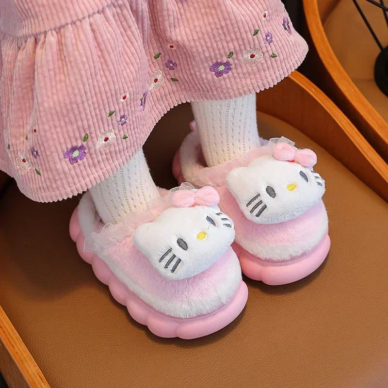 Winter Warm Cute Cartoon Indoor Mule Soft Non-slip Fluffy Slippers For Kids Teen Boys Girls Children Home Cotton Shoes Size 24-4