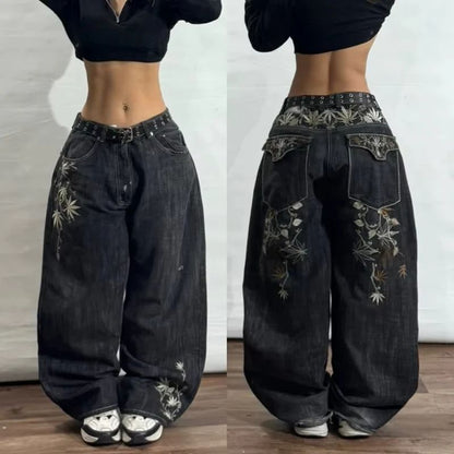 Y2K American New Pattern Embroidery Wash Baggy Jeans Men High Street Vintage Hip Hop Fashion Casual Joker Couple Wide-leg Pants