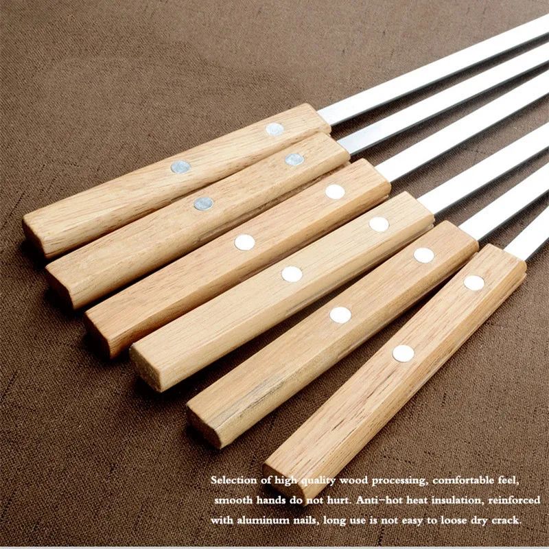 6Pcs/Set Barbecue Meat String Skewer Chunks of Meat Stainless Steel Natural Beech Handle Roast Stick for BBQ Outdoor Picnic