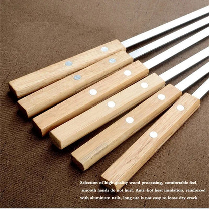 6Pcs/Set Barbecue Meat String Skewer Chunks of Meat Stainless Steel Natural Beech Handle Roast Stick for BBQ Outdoor Picnic