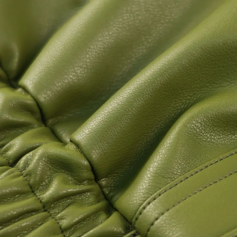 Olive Green Leather Jacket Coat Silhouette Vintage High Street Trend Zipper Lapel Short Overcoat Loose Casual Top Outwear Autumn