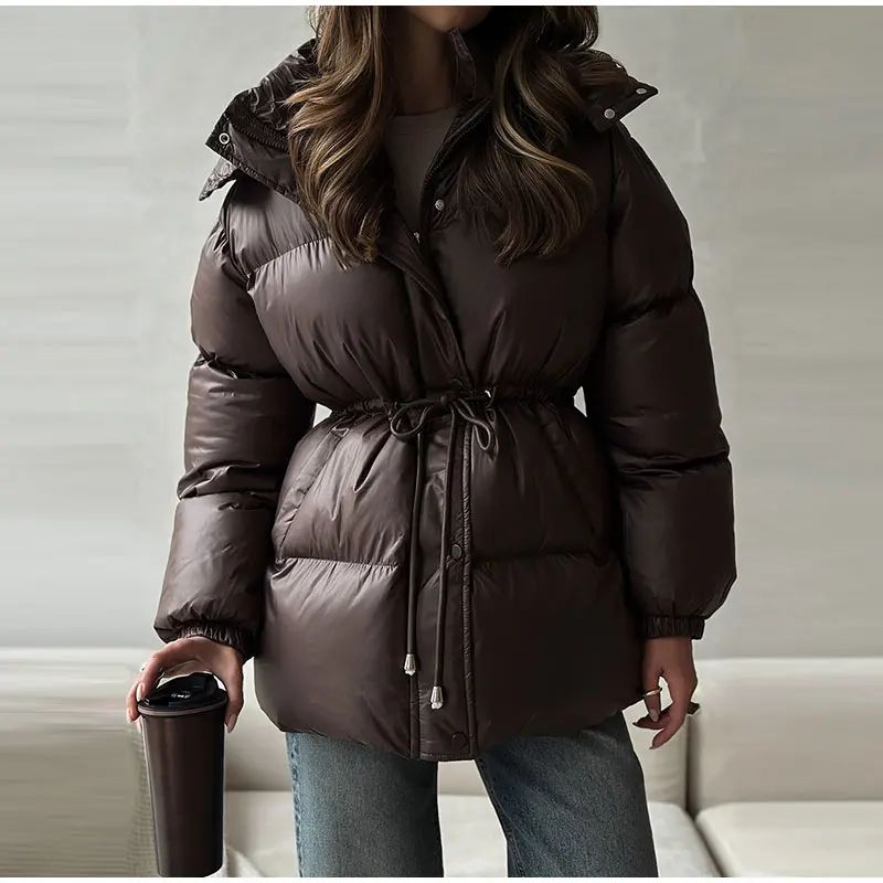 Glossy Shiny Women 's Down Jackets Vintage Hooded Zipper Puffer Full Sleeve Jackets For Woman 2025 Woman Winter Coats Outwears