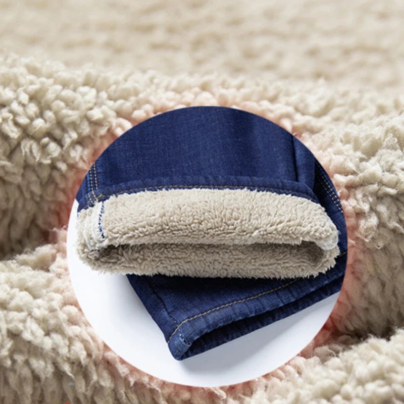 2025 New Classic  Men's Business Casual Velvet Jeans Winter Chinese Embroidery Straight Loose Warm Thick Pants