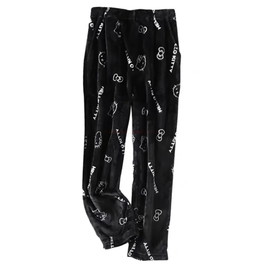 Christmas Sanrio Hello Kitty Pajamas Halloween Flannel Fashion Trouserswomen Kawaii Woolen Anime Cartoon Casual Home Pant Autumn