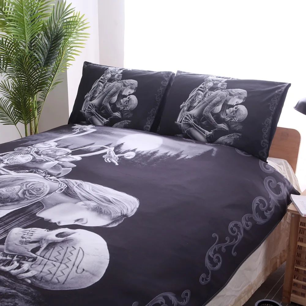Lovers Skull Duvet Cover Sets Black King Queen Size Bed Sets Motorcycle Beauty Skull Bedroom Bedding Set For Happy Halloween 638