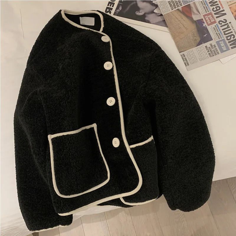 New Winter Loose Short Thickened Lamb Fur Jacket Simple Style Small Size Elegant Top Polyester Fiber Full Sleeve Coat