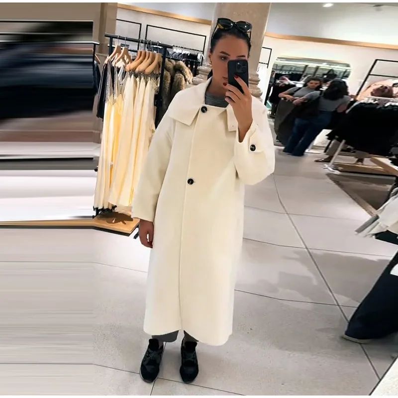 Stand Collar Single Breasted Split Long Coat Women Oversize Elegant Long Sleeve 2025 Autumn Female Outerwear Office Overcoat