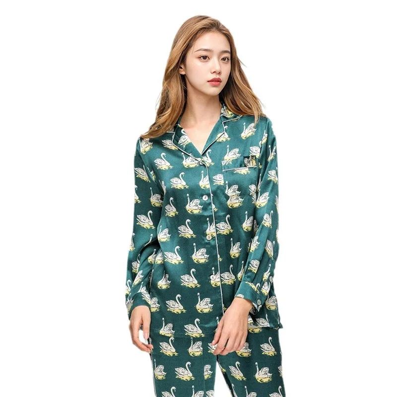 Printed Pure Silk Long Sleeve Pajamas Button Down 100% Mulberry Silk Pijamas Suit Women's Homewear Sleepwear 2 Piece Pajama Set