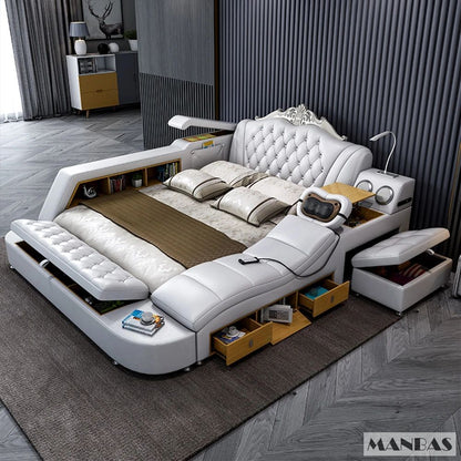 MANBAS Ultimate Bed Frame Tech Smart Multifunctional Bed with Genuine Leather, Massage, USB, Bluetooth Speaker, Tatami & Safe