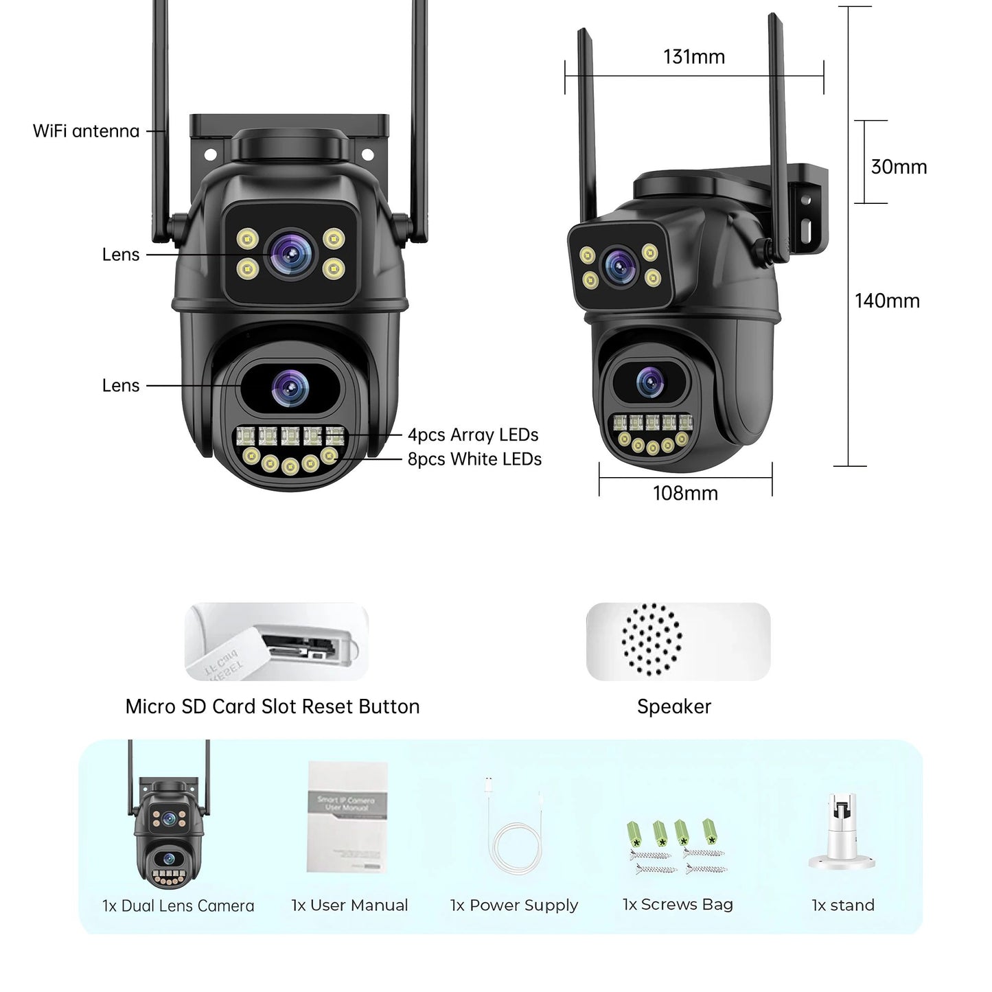 Câmera de vigilância WiFi 4K 8MP, detecção humana por IA, lente dupla, zoom digital 4X, câmeras IP PTZ de segurança externa