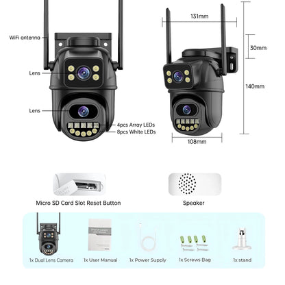 Câmera de vigilância WiFi 4K 8MP, detecção humana por IA, lente dupla, zoom digital 4X, câmeras IP PTZ de segurança externa