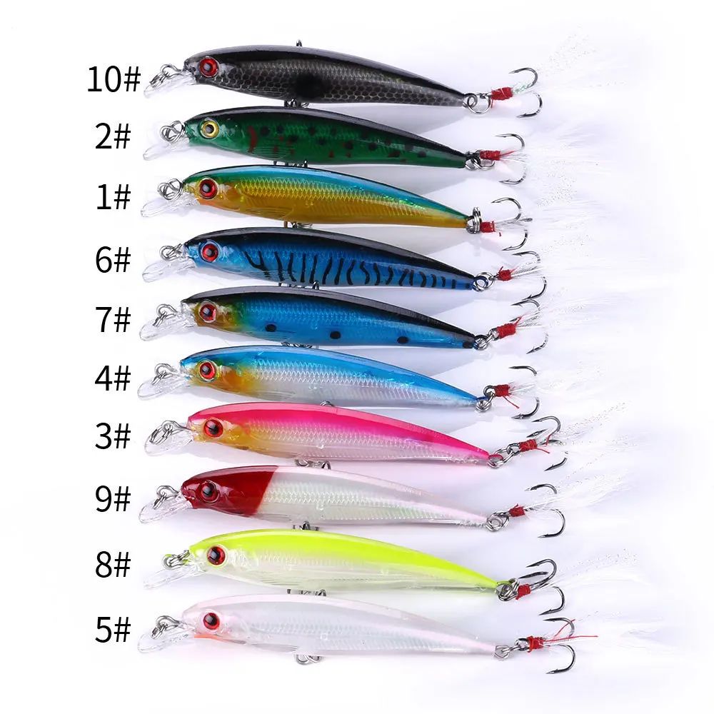 Isca de Pesca Laser Minnow 10/5 Peças Biónica Artificial 9cm/7g Isca Dura Flutuante com Anzol de Pena Wobbler Pesca para Baixo Lúcio