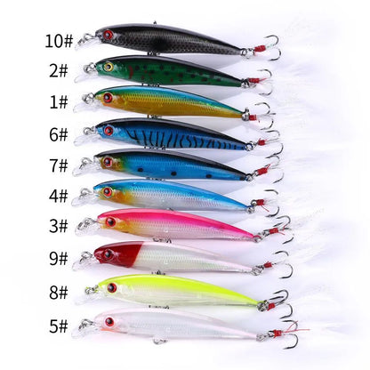 Isca de Pesca Laser Minnow 10/5 Peças Biónica Artificial 9cm/7g Isca Dura Flutuante com Anzol de Pena Wobbler Pesca para Baixo Lúcio
