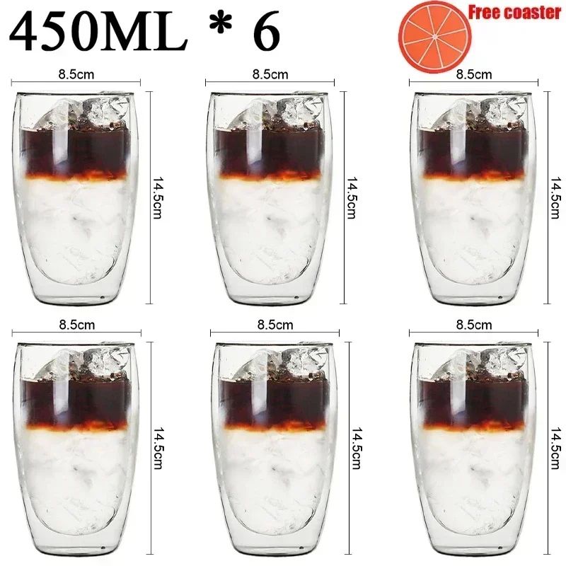 Caneca transparente de parede dupla 2-6 peças Copo de café e leite de vidro borossilicato alto resistente ao calor para casa e escritório