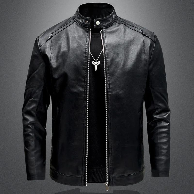 Men's Biker Leather Jacket Autumn Winter Thickened Fleece Casual Versatile Slim Fit Large Size PU Leather Coat
