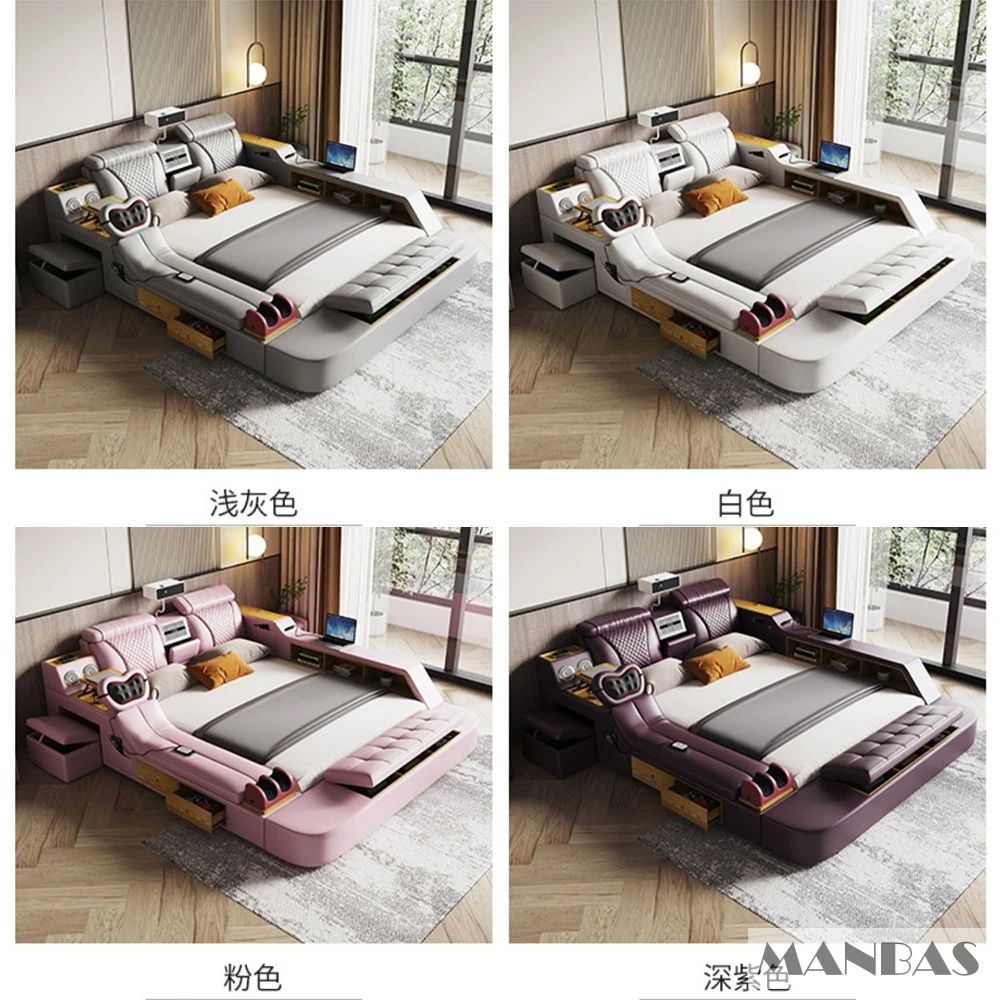 Linlamlim Ultimate Multifunctional Bedframe - Tech Smart Bed with Genuine Leather, Massage, Speaker, Projector, Air Purifier
